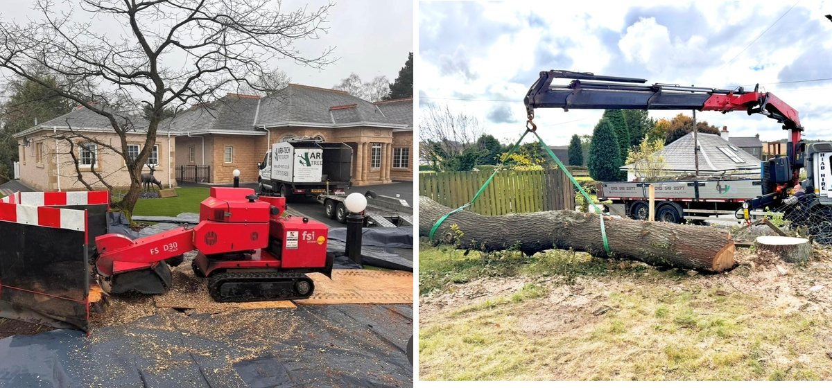 An Arb-Tech stump grinder working at a domestic property, and a large felled trunk section lifted clear of a garden by a lorry mounted crane