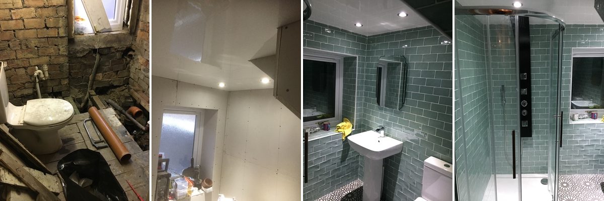 Four stages of a bathroom worked on by Disaster Restoration Scotland, from strip out to the finished tiled room, SCOTSS Approved Trader