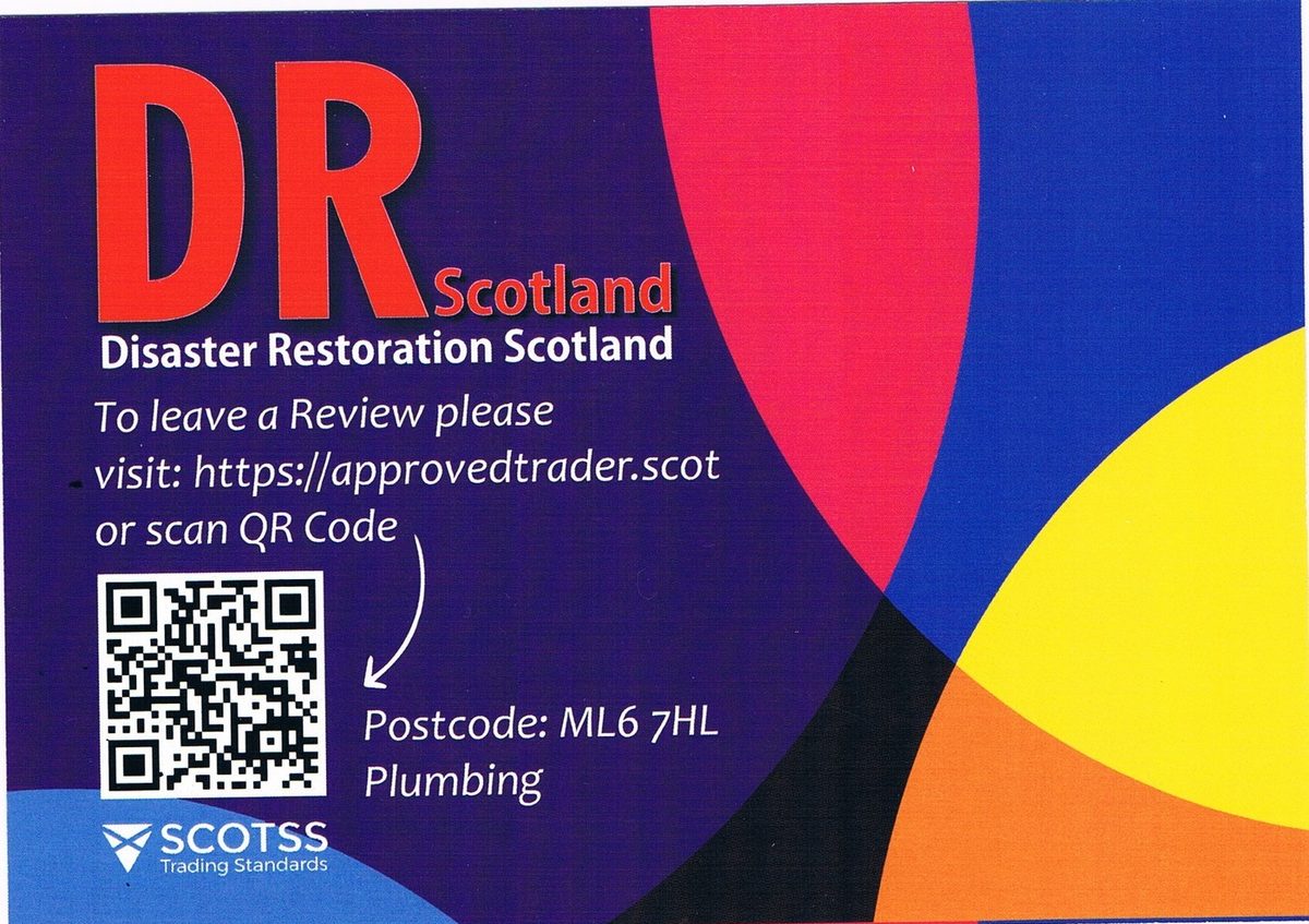The review card Disaster Restoration Scotland leaves with customers, carrying a QR code to the firm's SCOTSS Approved Trader profile
