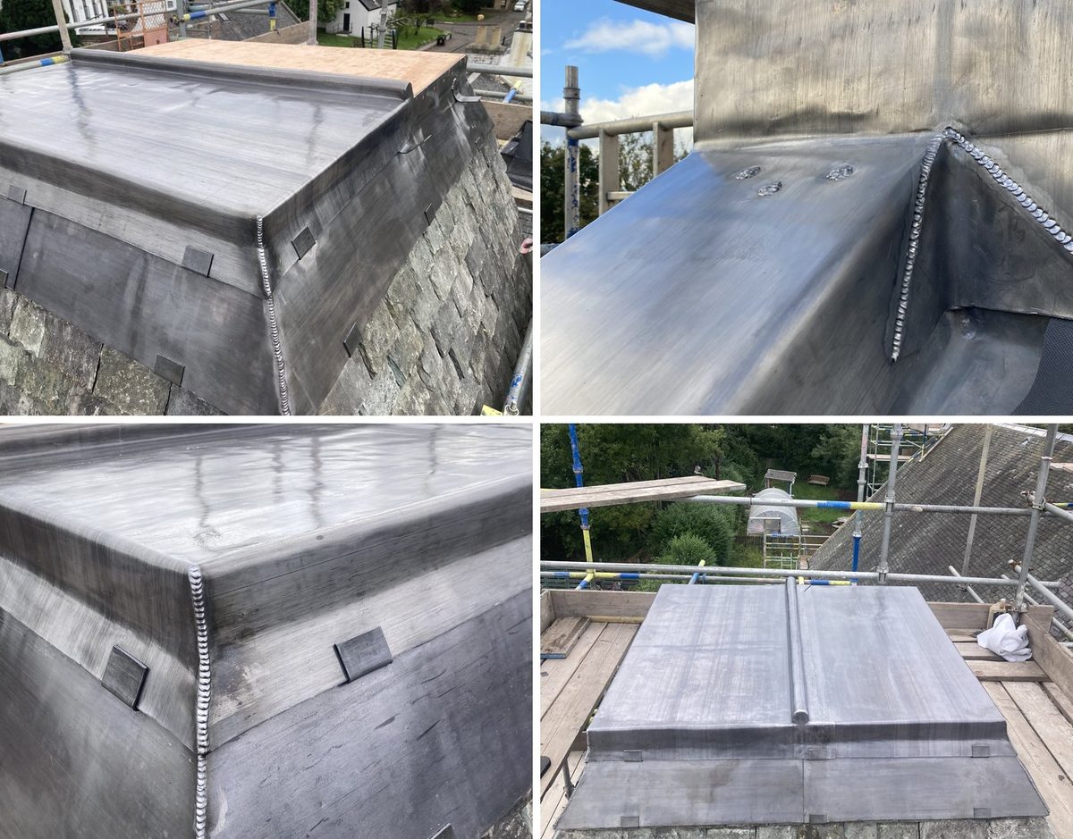 Four views of leadwork by D W Plumbing and Heating: a lead covered parapet roof above a stone wall, a welded seam where the lead meets sandstone, a welded corner detail, and a lead panel being formed on the scaffold deck