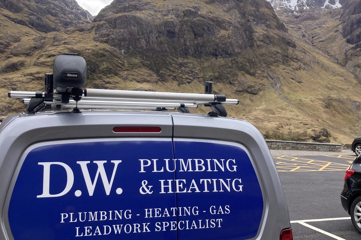 The D W Plumbing and Heating van signwritten as a leadwork specialist, a Trading Standards vetted East Renfrewshire Trusted Trader