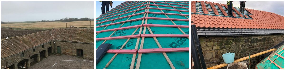 The original Fallside Mill roof, stripped back to breathable membrane and battens, then the new clay pantiles going on over fresh timber