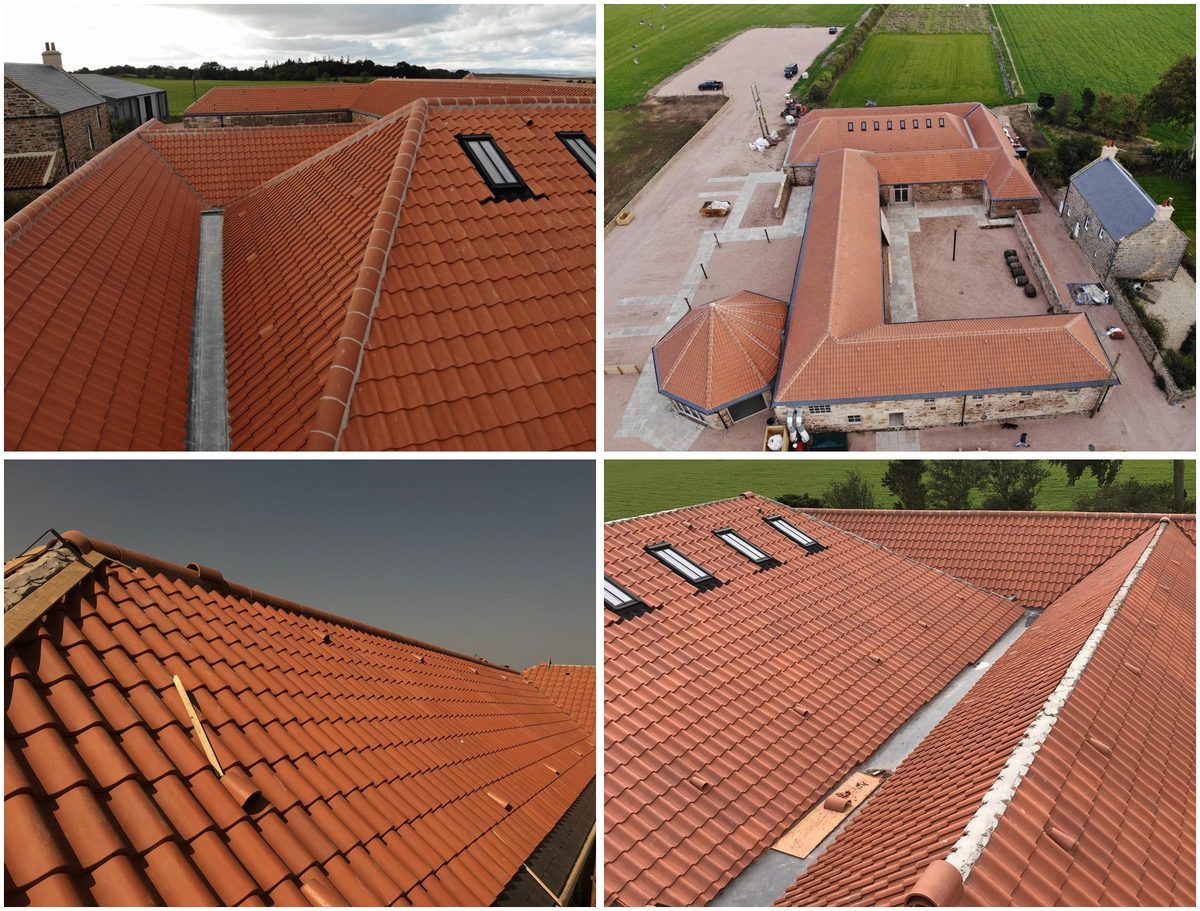 The completed Fallside Mill roof, showing the roofline, Velux windows, ridge detail and clay pantiles