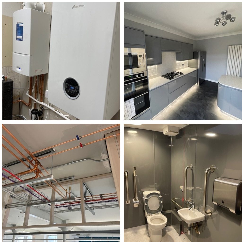 Four examples of work by John Doherty and Co Ltd: a wall hung gas boiler installation, a fitted kitchen, commercial pipework at high level and a fully accessible washroom with grab rails