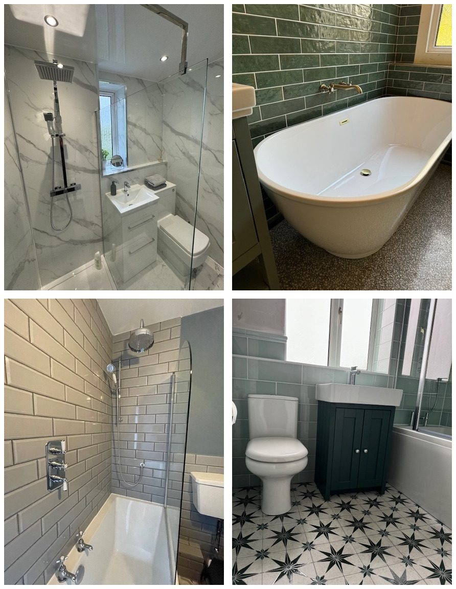 Four recent private bathrooms fitted by John Doherty and Co Ltd, including a walk in shower, a freestanding bath and a patterned tiled floor