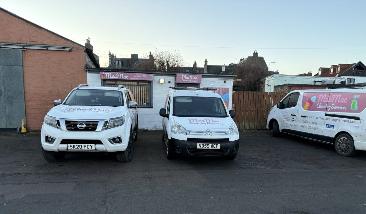 The MacMac Cleaning Services fleet outside the firm's Port Seton base, East Lothian Trusted Trader member