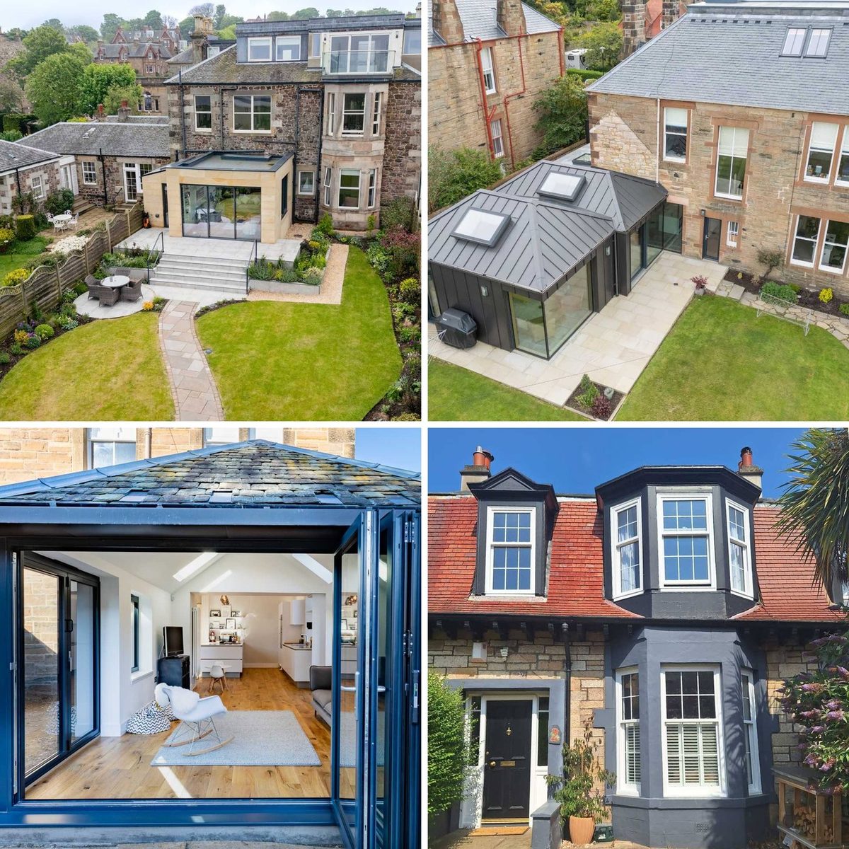 Four completed Mark Smith Glazing installations: a sandstone garden room with sliding doors, a zinc clad garden room with rooflights, navy bifold doors open onto a kitchen, and new sash and case windows in a stone terrace