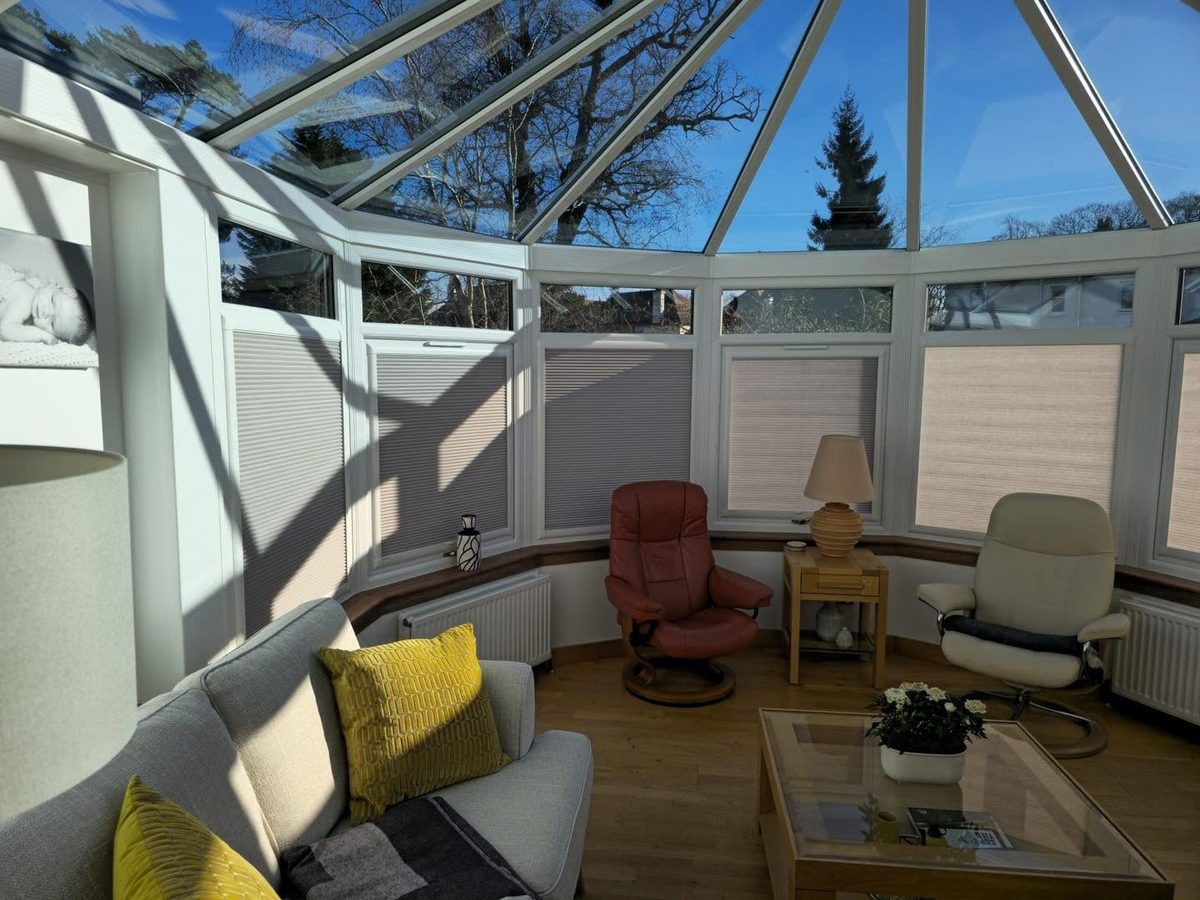 Made to measure pleated blinds by Shadow Blinds, fitted throughout a customer's conservatory in Fife