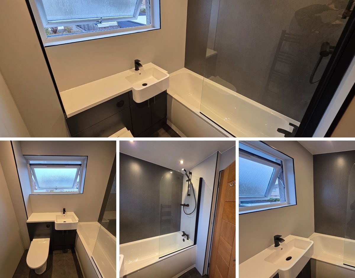A completed bathroom installation by J W Wishart Plumbing and Heating in Fife, showing the bath, shower screen, basin and vanity unit